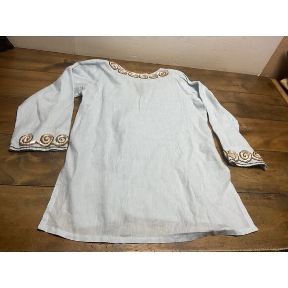 Barbara Gerwit Blue Linen Embroidery Tunic Top Blouse Cover Up Medium - Picture 13 of 14